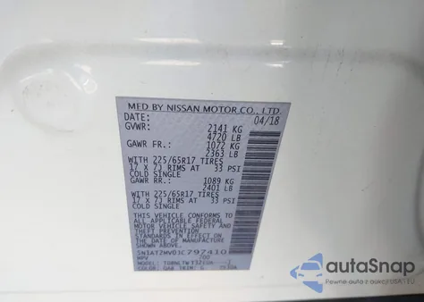 2018 Nissan Rogue Sv z USA, uszkodzony, nr VIN 5N1AT2MV0JC797410